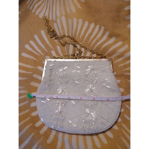 Vintage White Beaded Bridal Purse Bag Gold Tone Hardware - Picture 8 of 9